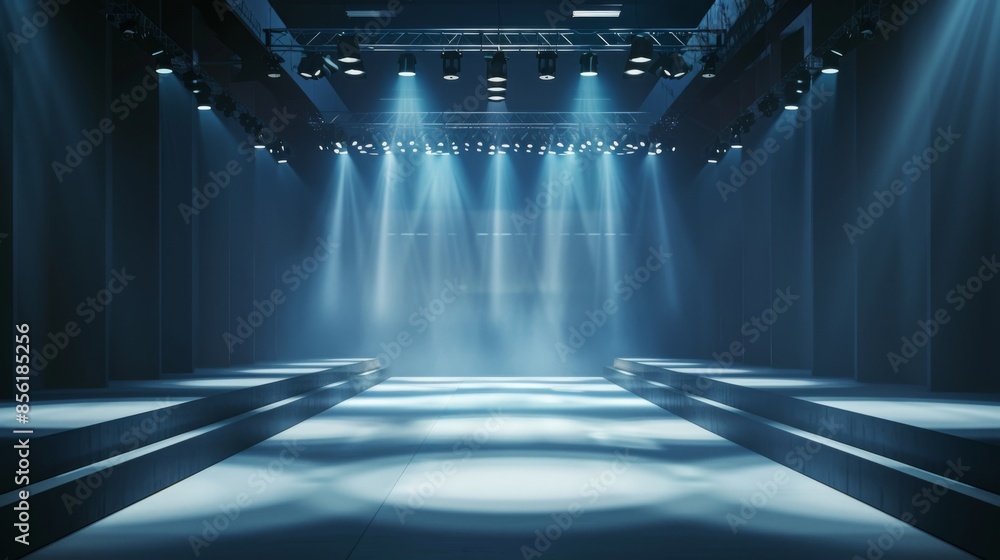 Poster a dark stage with spotlights illuminating the empty runway. the stage is set up for a performance or