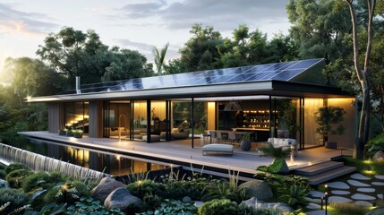 Luxurious Modern Villa with Solar Panels and Landscaped Gardens in Natural Sunlight, Emphasizing Sustainability
