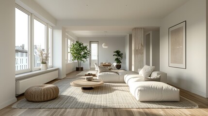 A bright and airy Scandinavian living room with a minimalist decor, featuring white walls, light wood floors, and simple, modern furniture. The room is spacious and uncluttered, with plenty of room