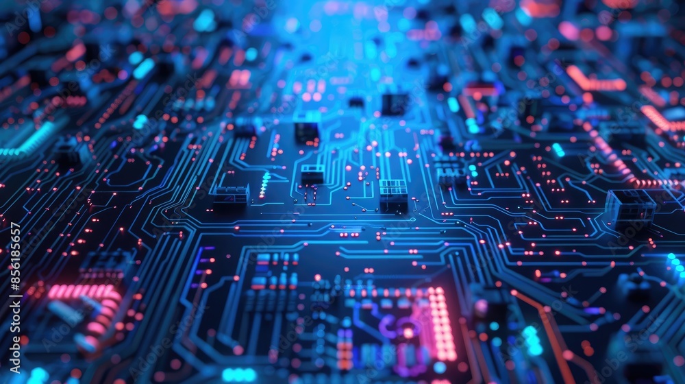 Poster an abstract blue circuit board with 3d rendering, highlighting advanced technology and innovative ch