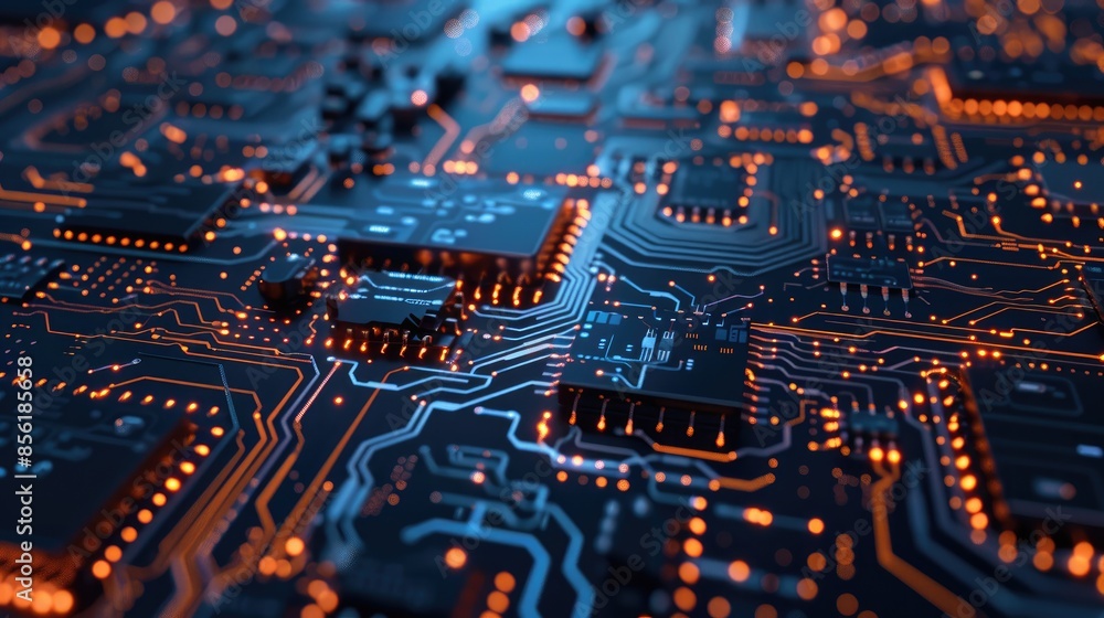 Poster an abstract blue circuit board with 3d rendering, highlighting advanced technology and innovative ch