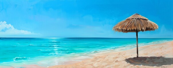 Beach scene with straw umbrella and turquoise ocean, serene summer vacation concept