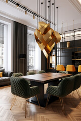 Contemporary dining area with green velvet chairs, a wooden table, and a striking gold geometric chandelier, set in a modern living space with large windows.