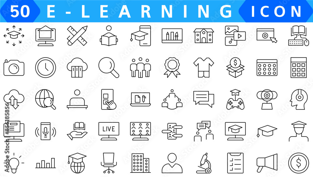 Poster set of 50 core values web icon set in line style. innovation, integrity, customers, accountability, 