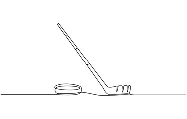 Hockey stick line continuous drawing vector. Hockey icon, Vector Stock illustration, Golf stick Club One Line Drawing, Golf ball. Vector drawing on a white background, Hockey Stick for grass, 