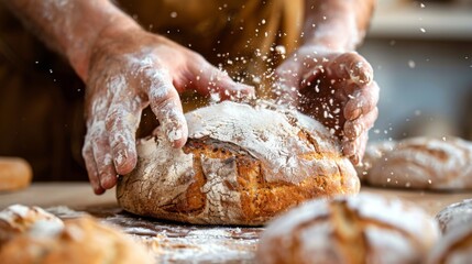 Baker sprinkling flour on a loaf of bread, with additional loaves in the background