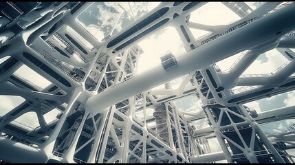 The industrial space sector, depicting a complex, abstract steel structure that evokes the grandeur and intricacy of the aerospace industry. Generative AI.