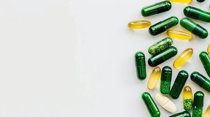Pills and capsules in green and yellow colors on white background with space for text