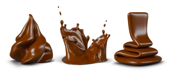Chocolate cream in realistic style. Set of vector templates. Brown sweet decorative elements