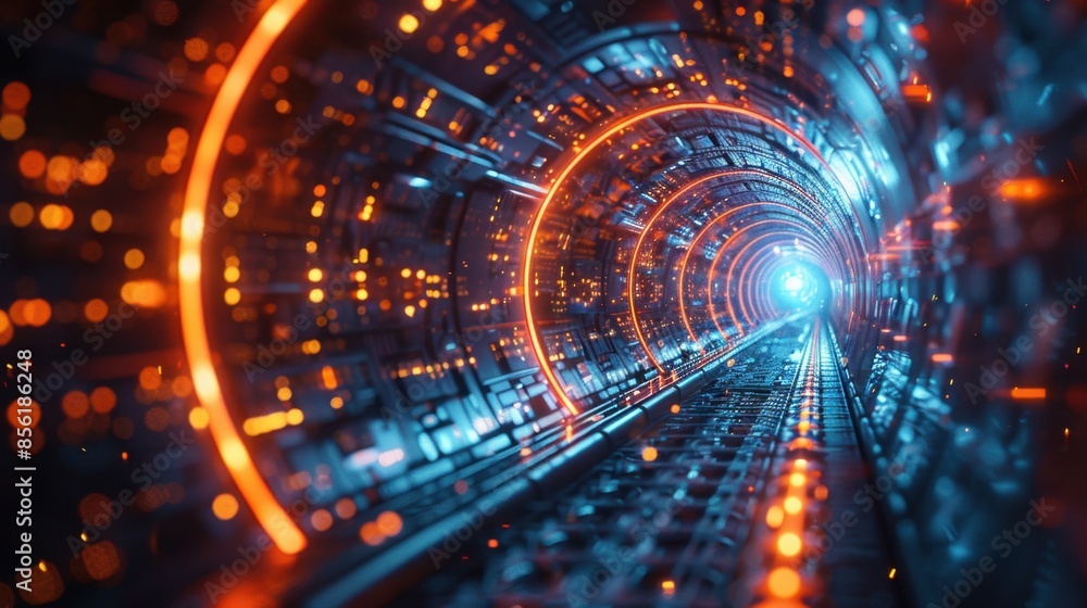 Aufkleber a high-tech lab features teleportation effects, with shimmering lights and particles indicating the 