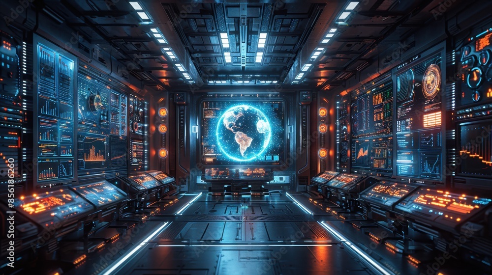 Aufkleber a high-tech control center features a central holographic display, projecting intricate schematics a