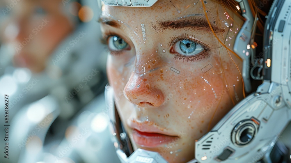 Poster a realistic digital double stands alongside its human counterpart in a futuristic environment, highl