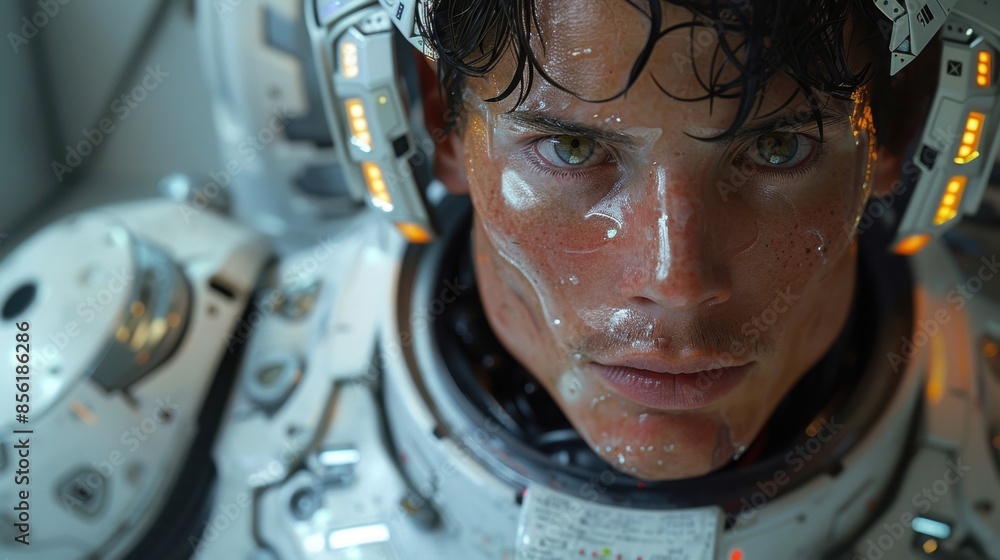 Poster a realistic digital double stands alongside its human counterpart in a futuristic environment, highl