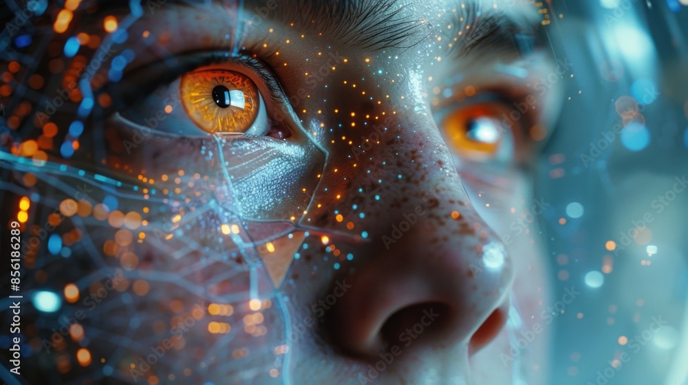Poster a realistic digital double stands alongside its human counterpart in a futuristic environment, highl