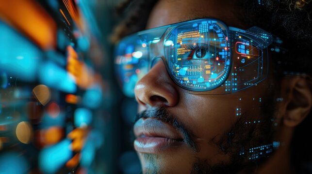 A high-tech workspace features augmented reality overlays, where digital elements seamlessly integrate with physical objects to provide real-time data and interactive capabilities. This image