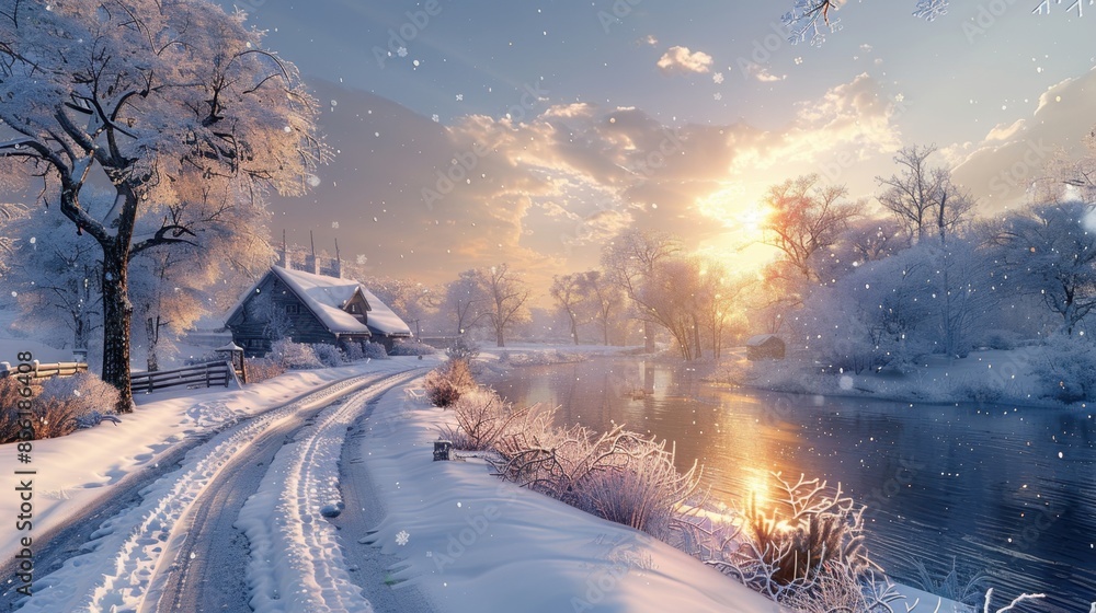 Poster a scene in a virtual landscape is transformed with realistic snow effects, creating a winter wonderl