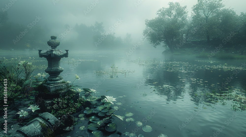 Poster a tranquil scene is enveloped in a thick, realistic fog, created using advanced digital effects. the