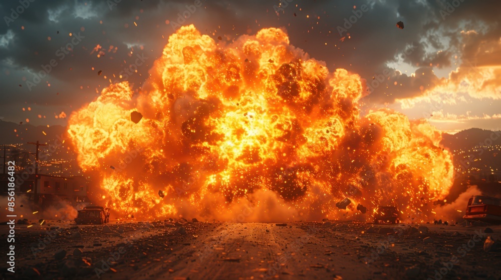 Poster a massive explosion is meticulously crafted using advanced digital effects, with debris flying and f