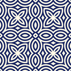 Seamless pattern with symmetric geometric ornament. Navy color abstract background. Vector illustration