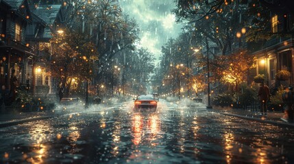 In a post-production environment, realistic rain and thunderstorm effects are meticulously crafted to enhance a dramatic scene. The detailed simulation of weather elements showcases the technology's