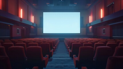 This is an image of an empty cinema theater before a movie. The seats are all red and the screen is blank, waiting for the show to begin.