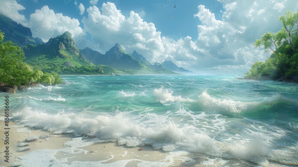 Aufkleber an intricate digital environment creation depicts a tranquil coastal scene with crashing waves and s