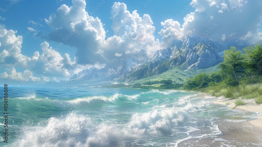 Aufkleber an intricate digital environment creation depicts a tranquil coastal scene with crashing waves and s