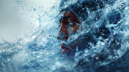 A dynamic character morphing visualization depicts a human figure transforming into a flowing stream of water. The smooth, continuous transformation emphasizes the creativity and complexity of