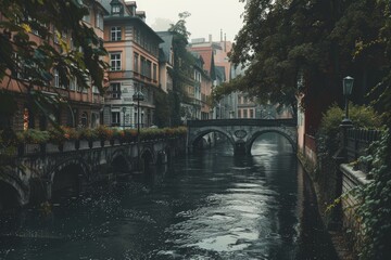 Fototapeta premium Charming European Canal with Scenic Bridges and Historic Buildings for Timeless Travel Posters