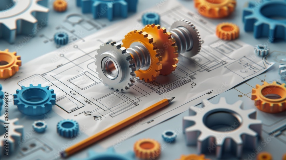 Poster concept of mechanical engineering project represented by colorful gears on technical drawing