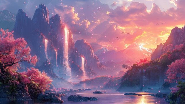 A breathtaking fantasy world emerges with towering crystal spires and floating islands bathed in ethereal light. Vibrant, otherworldly flora and fauna populate the landscape, creating a sense of