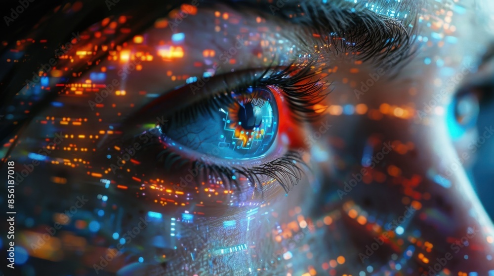Aufkleber a character with cybernetic eyes and neural enhancements navigates a virtual reality landscape, thei
