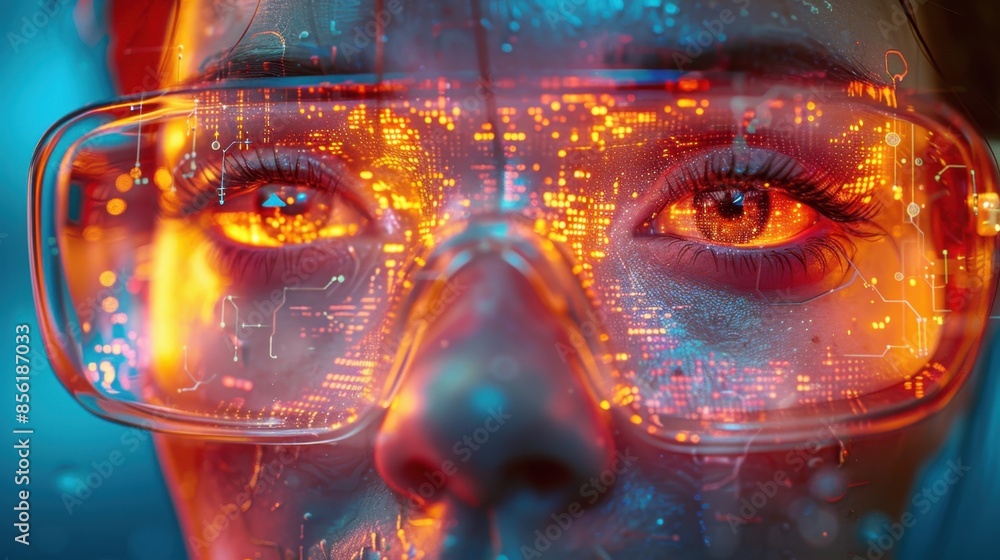 Aufkleber a character with cybernetic eyes and neural enhancements navigates a virtual reality landscape, thei