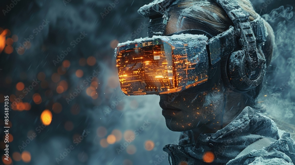 Aufkleber a character with cybernetic eyes and neural enhancements navigates a virtual reality landscape, thei