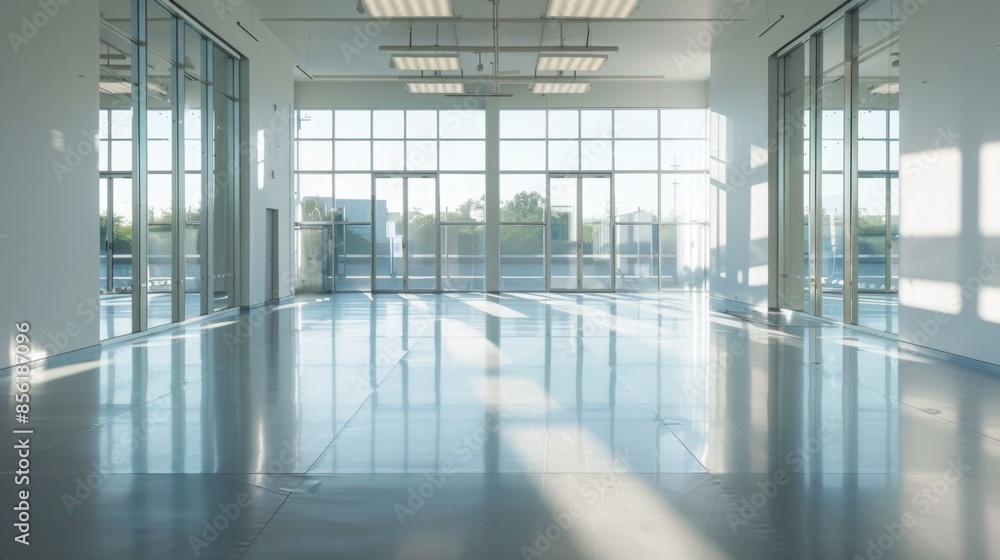 Poster a spacious, empty modern office space with large windows overlooking an outdoor area. sunlight strea