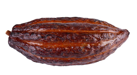 Fresh cacao fruits isolated on white background. Dark red cocoa pods. Clipping path.