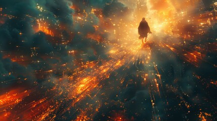 A dynamic scene of a superhero soaring through the sky, leaving a trail of energy as they fly above a bustling cityscape. The image captures the hero's incredible speed and strength, with vibrant