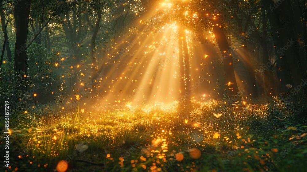 Aufkleber an ethereal forest at dawn, where sunlight filters through the trees, illuminating floating dust par