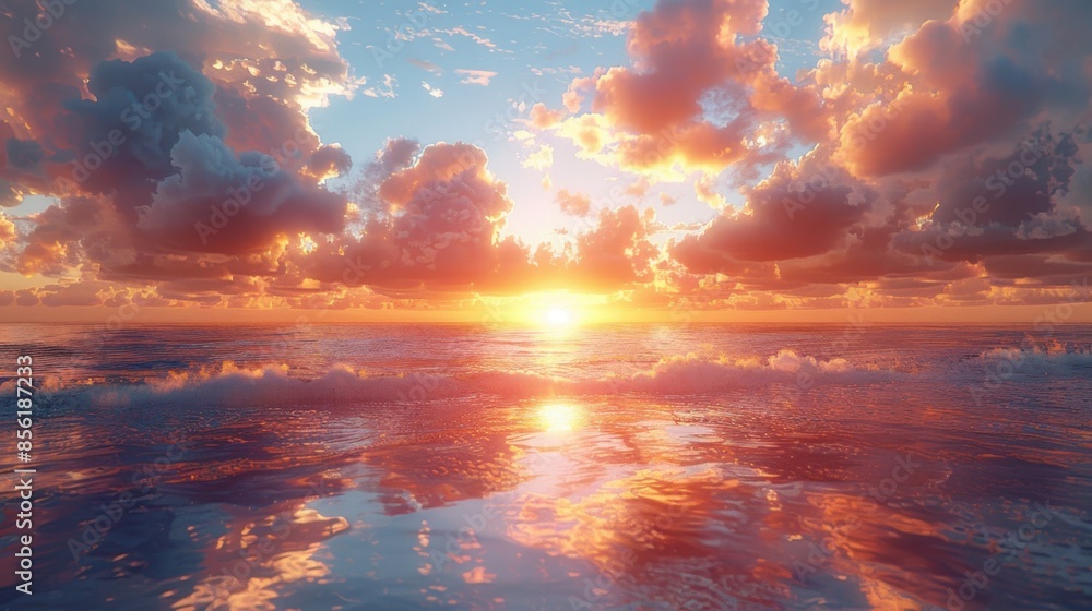 Aufkleber a serene coastal scene with volumetric clouds rolling in over the ocean, their soft, billowing forms
