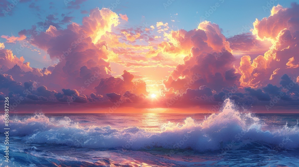 Aufkleber a serene coastal scene with volumetric clouds rolling in over the ocean, their soft, billowing forms
