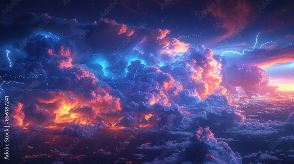 Poster an epic sky filled with towering cumulonimbus clouds, their volumetric forms lit from within by flas