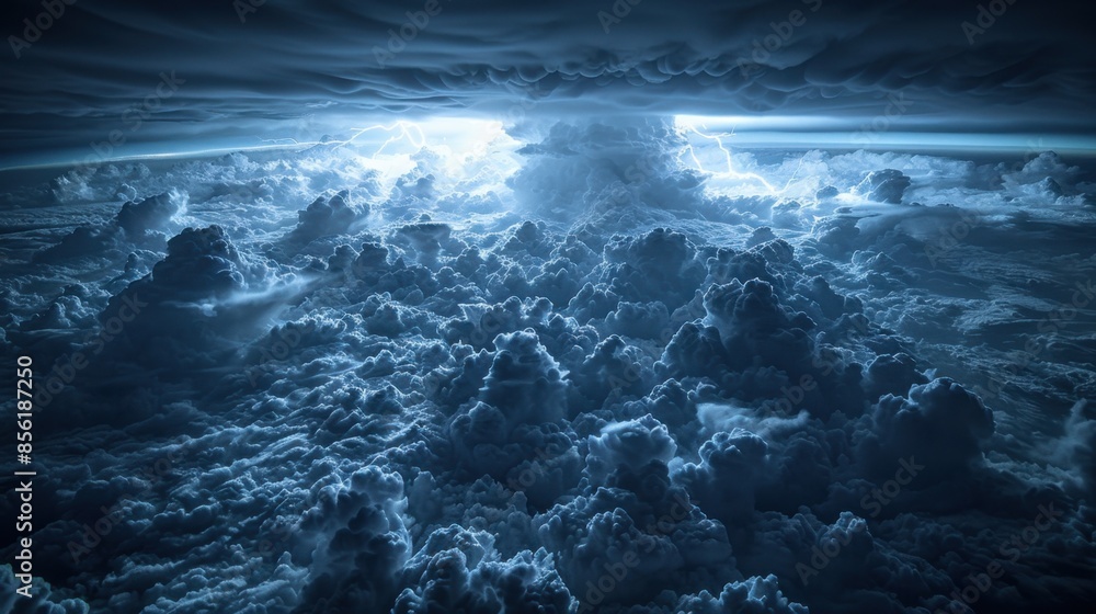Aufkleber an epic sky filled with towering cumulonimbus clouds, their volumetric forms lit from within by flas