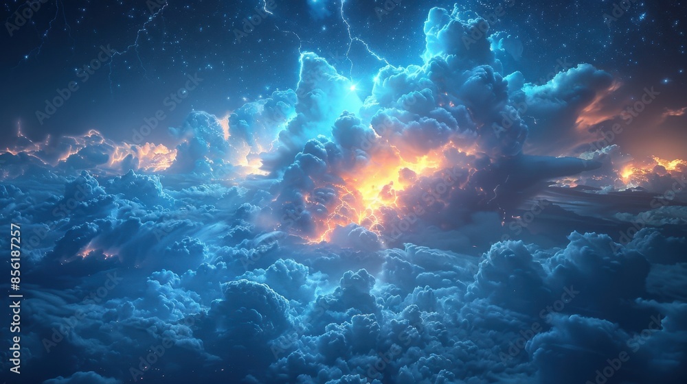 Aufkleber an epic sky filled with towering cumulonimbus clouds, their volumetric forms lit from within by flas