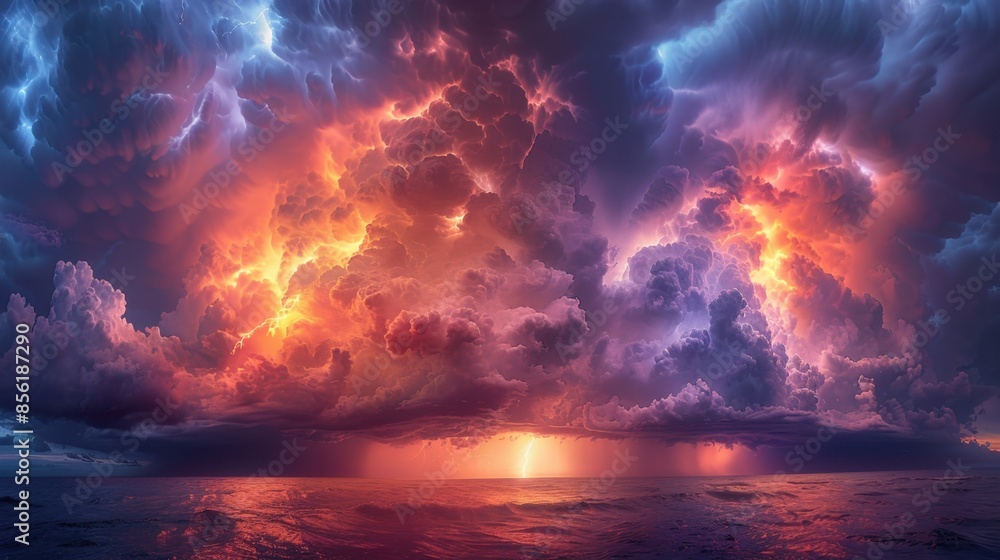Poster an epic sky filled with towering cumulonimbus clouds, their volumetric forms lit from within by flas