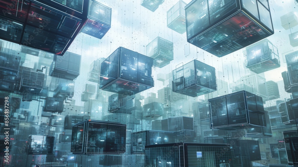 Poster futuristic urban skyline featuring levitating cubes, symbolizing the idea of a data hub or intricate