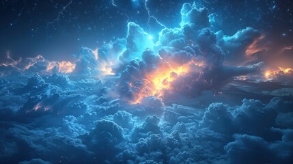 Obraz premium An epic sky filled with towering cumulonimbus clouds, their volumetric forms lit from within by flashes of lightning. The dynamic cloud formations add a sense of power and drama to the stormy