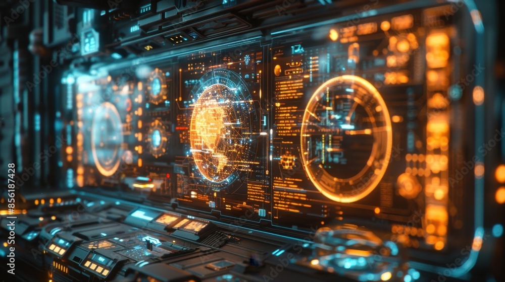 Aufkleber in a futuristic setting, a holographic display projects vivid, three-dimensional images that float m