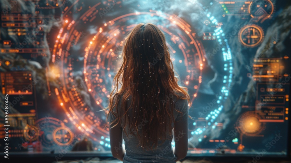 Aufkleber in a futuristic setting, a holographic display projects vivid, three-dimensional images that float m