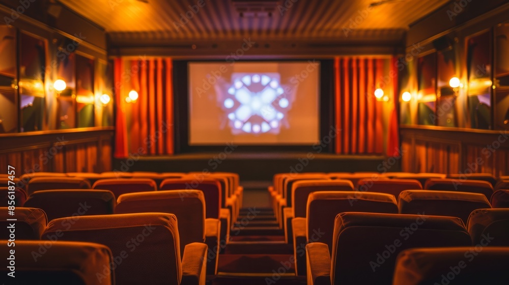Poster an empty theater with rows of plush seats facing a large screen. warm lighting casts a glow on the r