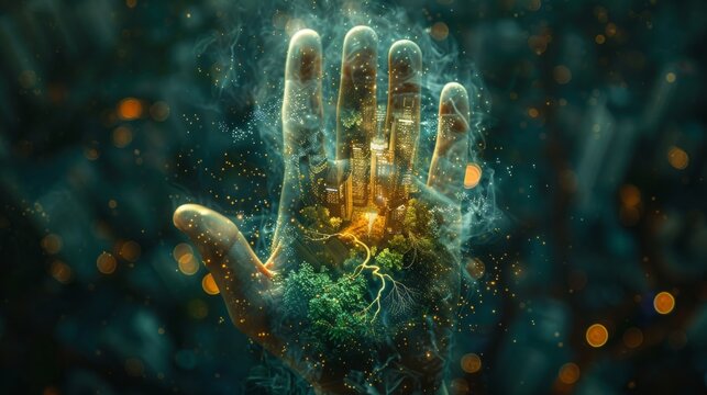 Carbon neutrality net zero. The hand of pollution and effective management with netzero symbols - renewable energy, reduced CO2 emissions, green production, and waste recycling